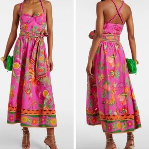 FARM Rio Vibrant Pink Midi Dress with Orange Accents